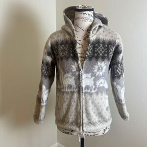 ALY MARKA Womens Zip Up Hoodie Sweater Alpaca Wool Blend Llama Fair Isle Size 8